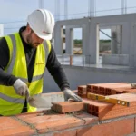 Homme maçon portant casque et gilet jaune sur un chantier, pose de briques rouges et outils à proximité, logo “LEGENDRE” en arrière. Comment recruter des maçons qualifiés.