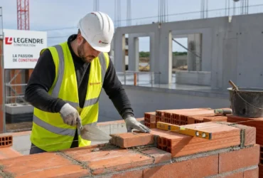 Homme maçon portant casque et gilet jaune sur un chantier, pose de briques rouges et outils à proximité, logo “LEGENDRE” en arrière. Comment recruter des maçons qualifiés.
