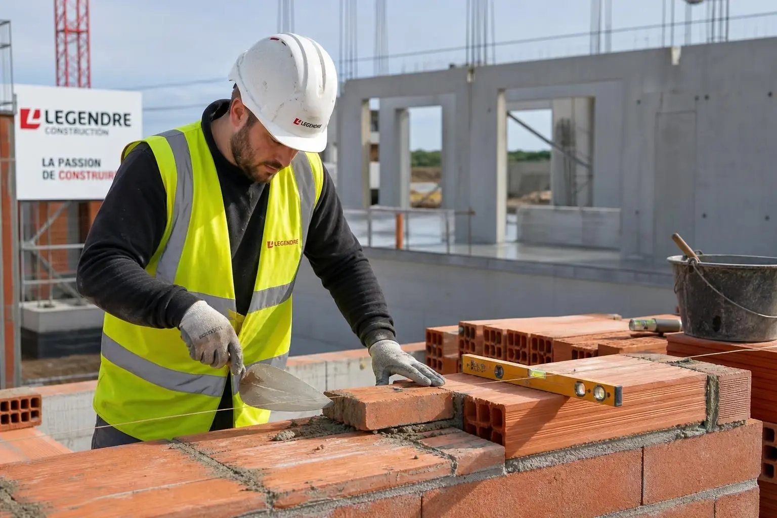 Homme maçon portant casque et gilet jaune sur un chantier, pose de briques rouges et outils à proximité, logo “LEGENDRE” en arrière. Comment recruter des maçons qualifiés.