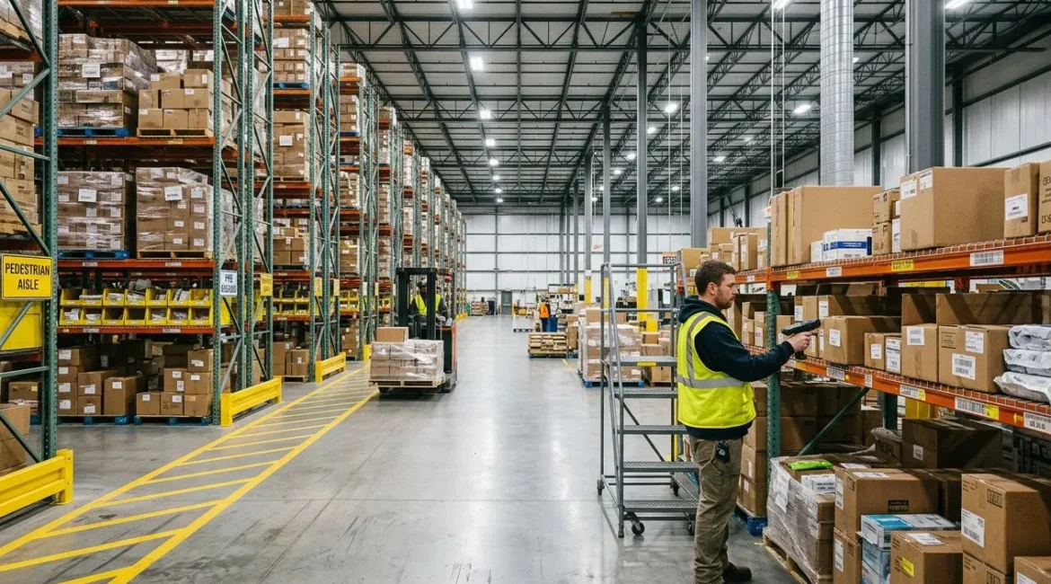 Large entrepôt logistique avec rayonnages remplis et opérateur en gilet jaune vérifiant des colis, illustration des pratiques des 7 r de la logistique.