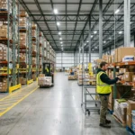 Large entrepôt logistique avec rayonnages remplis et opérateur en gilet jaune vérifiant des colis, illustration des pratiques des 7 r de la logistique.