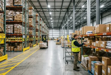 Large entrepôt logistique avec rayonnages remplis et opérateur en gilet jaune vérifiant des colis, illustration des pratiques des 7 r de la logistique.
