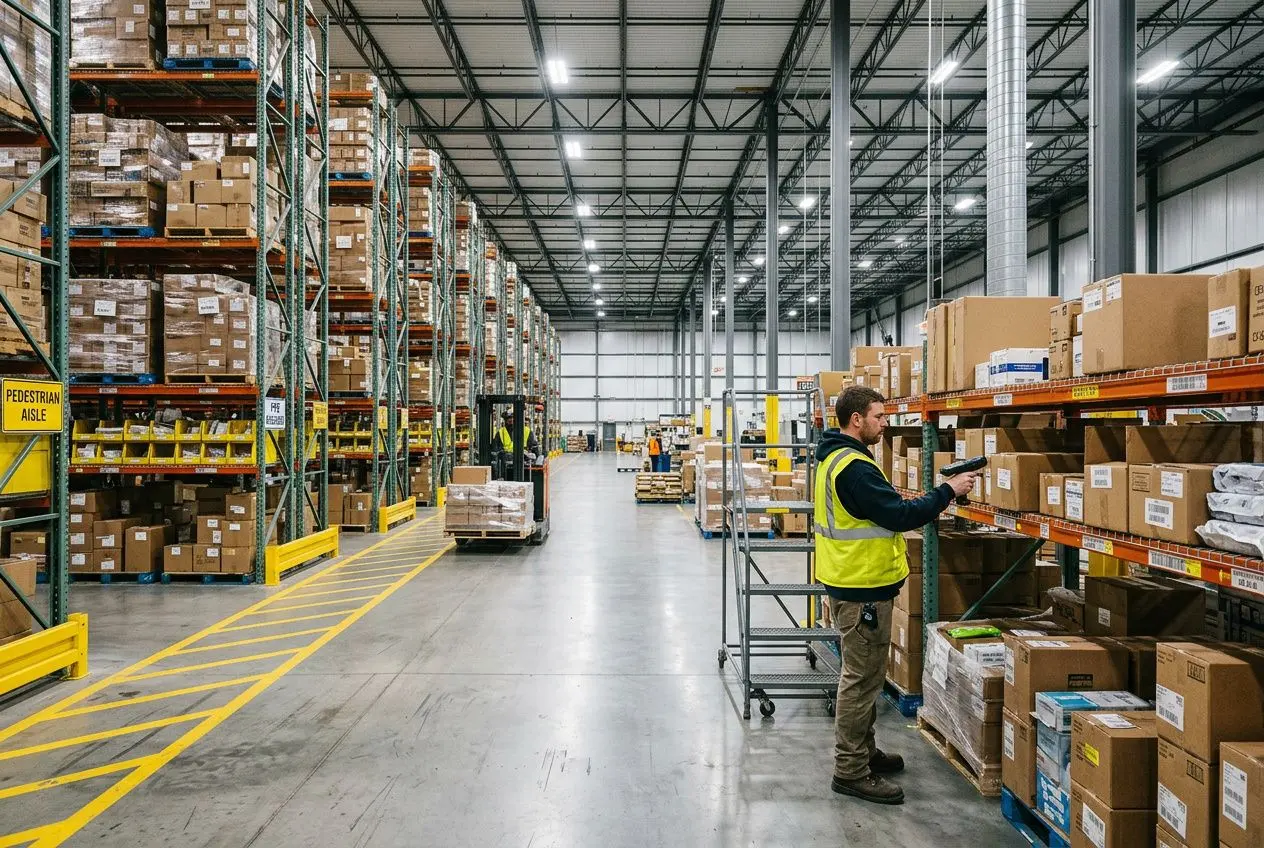 Large entrepôt logistique avec rayonnages remplis et opérateur en gilet jaune vérifiant des colis, illustration des pratiques des 7 r de la logistique.