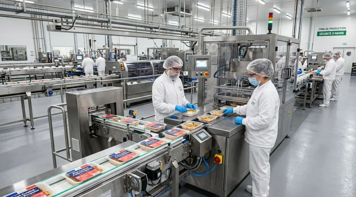 Ligne d’emballage industrielle dans une usine agroalimentaire, opérateurs en blanchis chiens et gants blancs supervisant la production. Emploi agroalimentaire france.