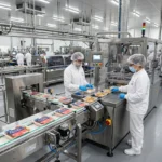 Ligne d’emballage industrielle dans une usine agroalimentaire, opérateurs en blanchis chiens et gants blancs supervisant la production. Emploi agroalimentaire france.