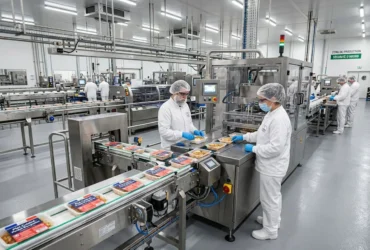 Ligne d’emballage industrielle dans une usine agroalimentaire, opérateurs en blanchis chiens et gants blancs supervisant la production. Emploi agroalimentaire france.