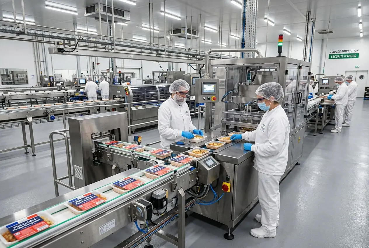 Ligne d’emballage industrielle dans une usine agroalimentaire, opérateurs en blanchis chiens et gants blancs supervisant la production. Emploi agroalimentaire france.