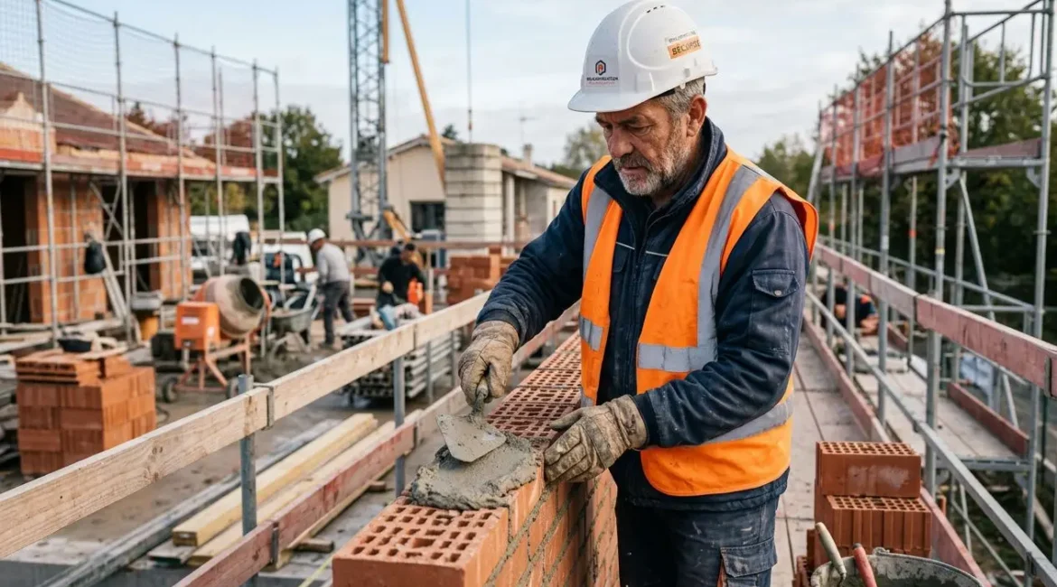 Maçon expérimenté en France posant des briques sur un chantier, avec gilet orange et casque, concentré sur le travail de maçonnerie. salaire d'un maçon expérimenté en france intégré.