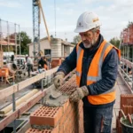 Maçon expérimenté en France posant des briques sur un chantier, avec gilet orange et casque, concentré sur le travail de maçonnerie. salaire d'un maçon expérimenté en france intégré.