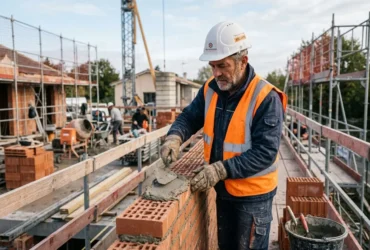 Maçon expérimenté en France posant des briques sur un chantier, avec gilet orange et casque, concentré sur le travail de maçonnerie. salaire d'un maçon expérimenté en france intégré.
