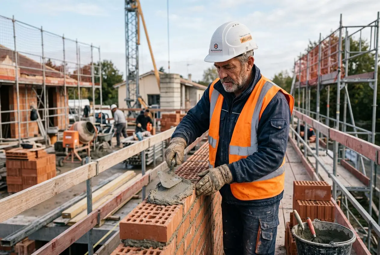 Maçon expérimenté en France posant des briques sur un chantier, avec gilet orange et casque, concentré sur le travail de maçonnerie. salaire d'un maçon expérimenté en france intégré.
