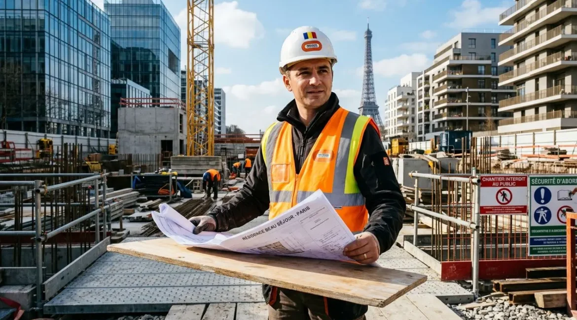 Un ouvrier sur un chantier de construction à Paris, portant casque et gilet haute visibilité, tenant des plans devant un fond urbain. un roumain peut-il travailler en france intégration naturelle ici?