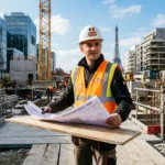 Un ouvrier sur un chantier de construction à Paris, portant casque et gilet haute visibilité, tenant des plans devant un fond urbain. un roumain peut-il travailler en france intégration naturelle ici?