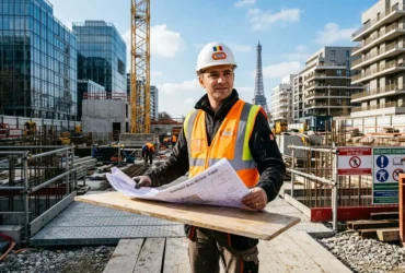 Un ouvrier sur un chantier de construction à Paris, portant casque et gilet haute visibilité, tenant des plans devant un fond urbain. un roumain peut-il travailler en france intégration naturelle ici?