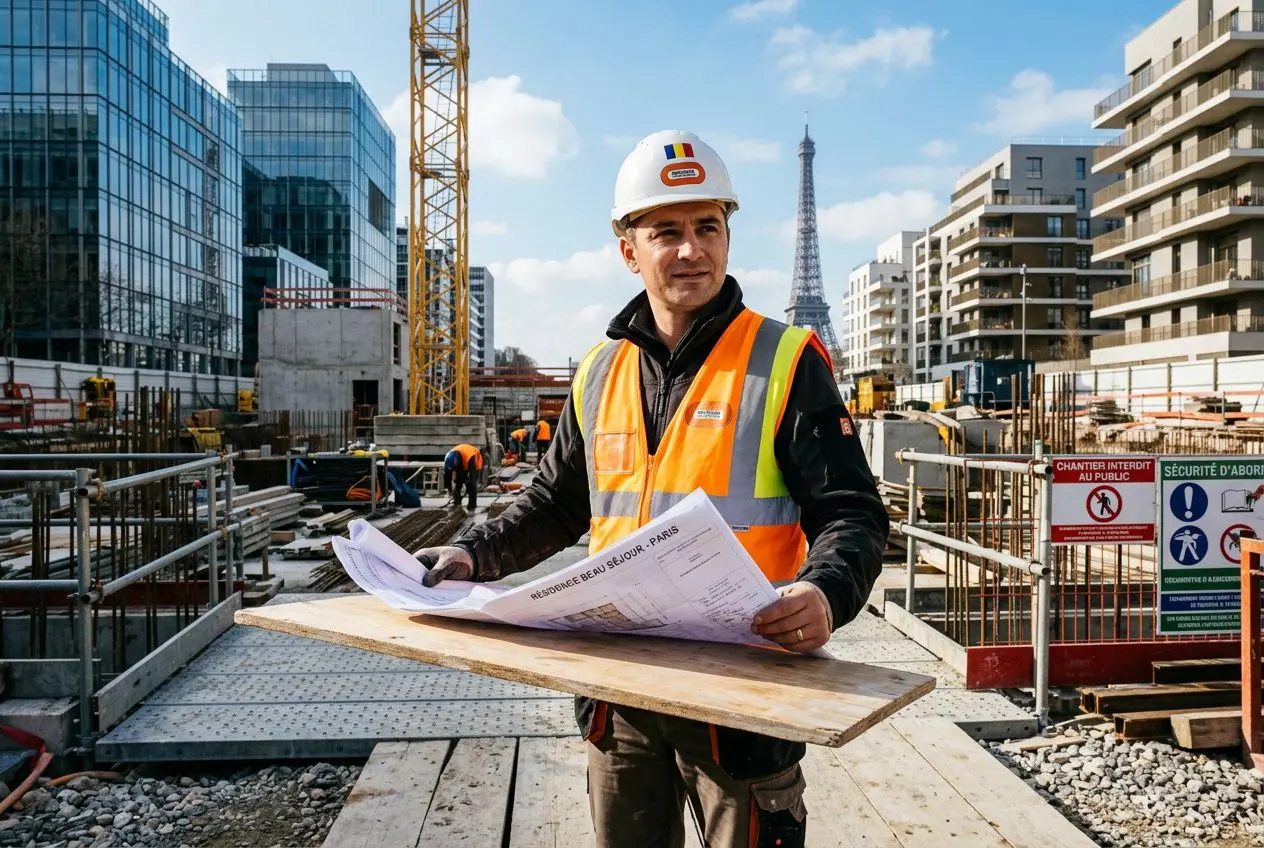 Un ouvrier sur un chantier de construction à Paris, portant casque et gilet haute visibilité, tenant des plans devant un fond urbain. un roumain peut-il travailler en france intégration naturelle ici?