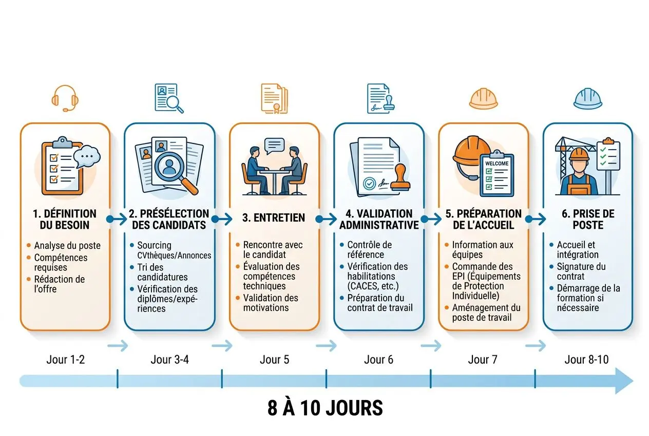 Processus en 8 à 10 jours pour recruter un ouvrier du bâtiment: étapes, entretiens et préparation administrative.