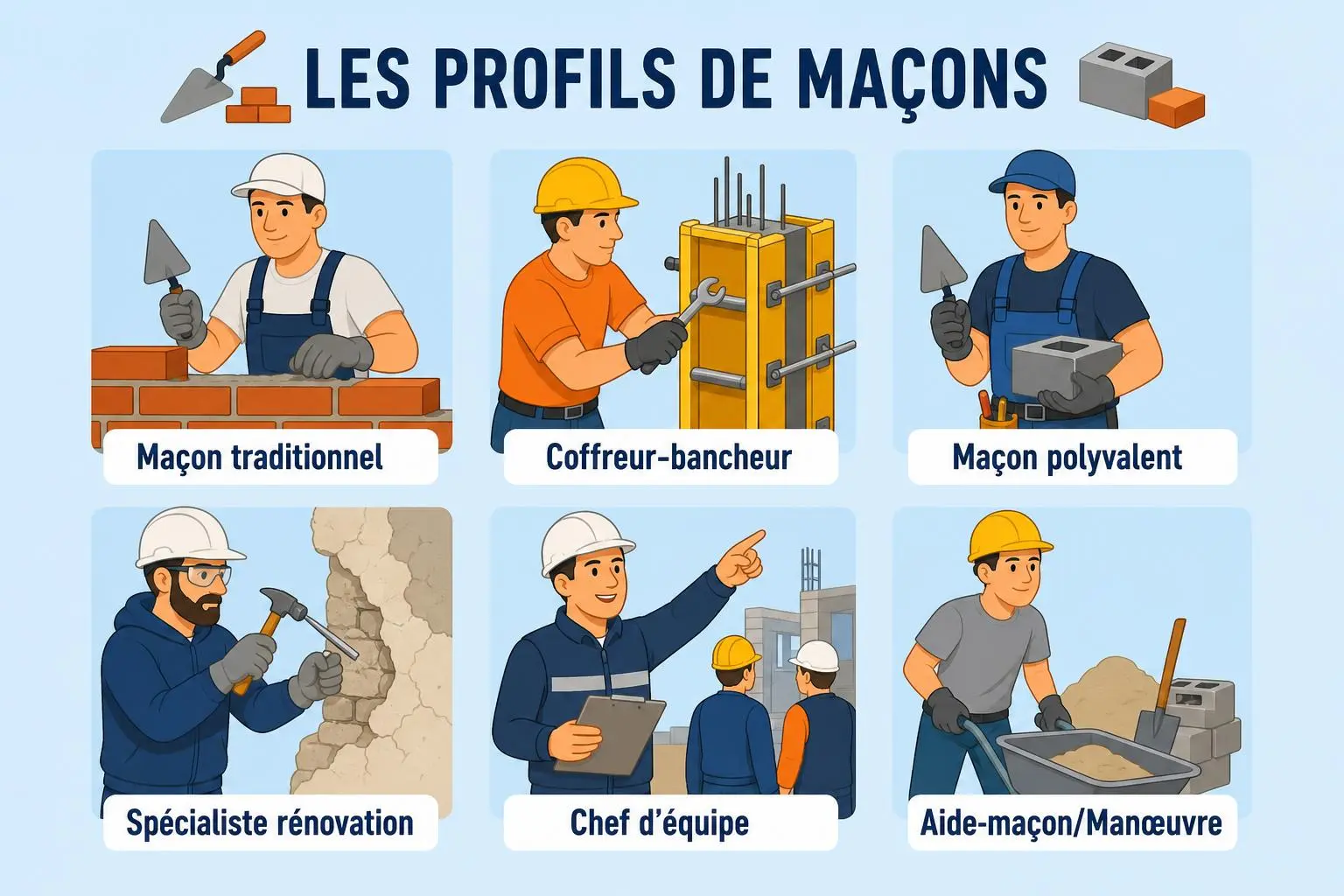 Profil des maçons: maçon traditionnel, coffreur-bancheur, maçon polyvalent, spécialiste rénovation, chef d’équipe, aide-maçon/manoeuvre. intégrant le thème « comment recruter des maçons qualifiés » de manière naturelle.