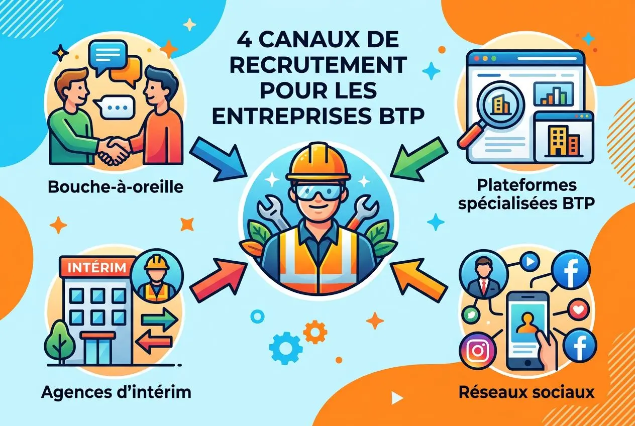 Quatre canaux de recrutement pour les entreprises BTP autour d’un ouvrier du bâtiment central, incluant bouche-à-oreille, plateformes spécialisées, agences d’intérim et réseaux sociaux, avec des icônes et flèches. Comment embaucher un ouvrier du bâtiment.