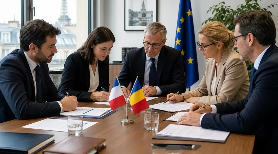 Réunion professionnelle avec signataires, 2 drapeaux: France et Roumanie, autour d’une table pour un détachement de personnel roumain.