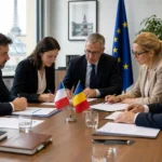 Réunion professionnelle avec signataires, 2 drapeaux: France et Roumanie, autour d’une table pour un détachement de personnel roumain.
