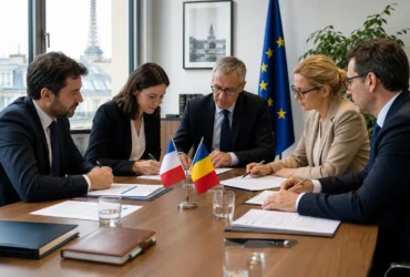 Réunion professionnelle avec signataires, 2 drapeaux: France et Roumanie, autour d’une table pour un détachement de personnel roumain.
