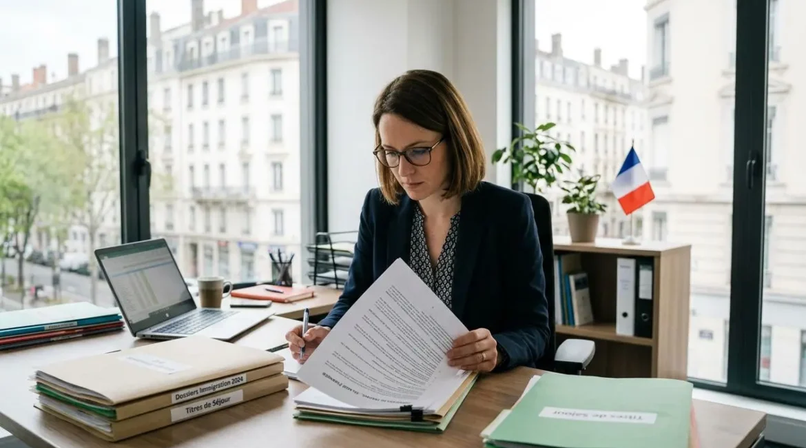 Secrétaire ou chargée de recrutement professionnelle sur son bureau, examinant des documents, avec un ordinateur portable et des dossiers empilés. Agence interim travailleur étranger? prêt à aider.