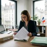 Secrétaire ou chargée de recrutement professionnelle sur son bureau, examinant des documents, avec un ordinateur portable et des dossiers empilés. Agence interim travailleur étranger? prêt à aider.