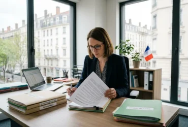 Secrétaire ou chargée de recrutement professionnelle sur son bureau, examinant des documents, avec un ordinateur portable et des dossiers empilés. Agence interim travailleur étranger? prêt à aider.