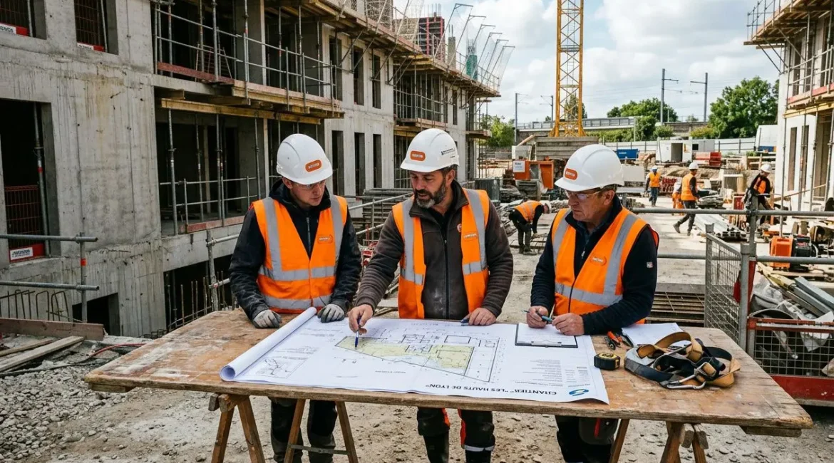 Trois ouvriers du bâtiment en gilets orange et casques blancs consultent des plans sur une table de chantier, avec un site en construction et d’autres travailleurs à l’arrière. Comment embaucher un ouvrier du bâtiment.