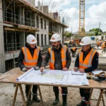 Trois ouvriers du bâtiment en gilets orange et casques blancs consultent des plans sur une table de chantier, avec un site en construction et d’autres travailleurs à l’arrière. Comment embaucher un ouvrier du bâtiment.