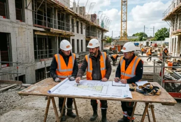Trois ouvriers du bâtiment en gilets orange et casques blancs consultent des plans sur une table de chantier, avec un site en construction et d’autres travailleurs à l’arrière. Comment embaucher un ouvrier du bâtiment.