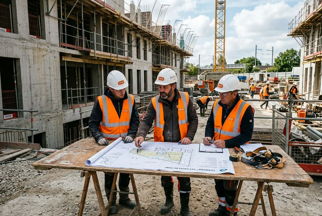 Trois ouvriers du bâtiment en gilets orange et casques blancs consultent des plans sur une table de chantier, avec un site en construction et d’autres travailleurs à l’arrière. Comment embaucher un ouvrier du bâtiment.