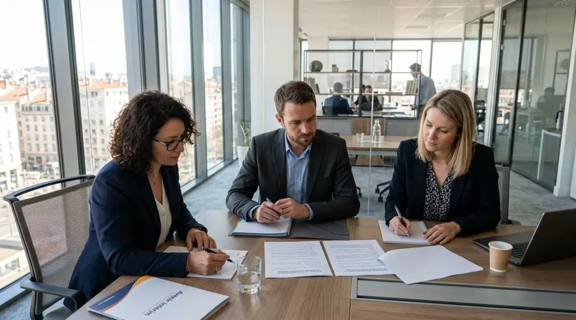 Trois professionnels en réunion signent des documents sur une grande table en bois, près de grandes fenêtres lumineuses.