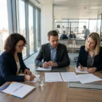 Trois professionnels en réunion signent des documents sur une grande table en bois, près de grandes fenêtres lumineuses.