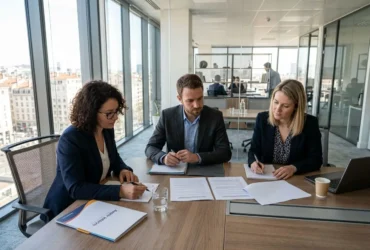 Trois professionnels en réunion signent des documents sur une grande table en bois, près de grandes fenêtres lumineuses.