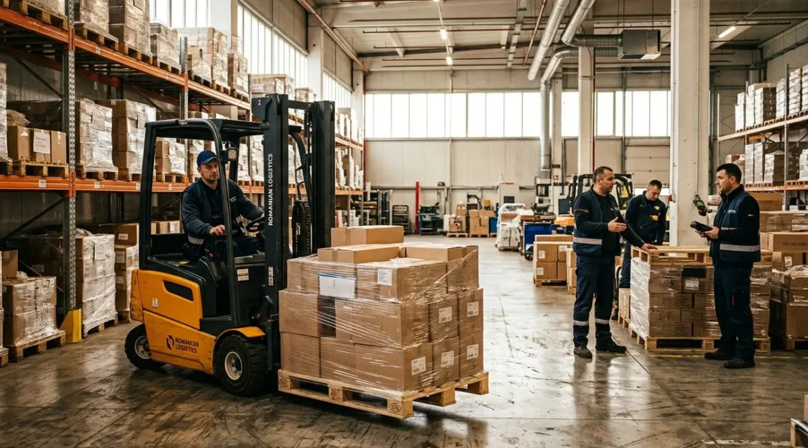 Chariot élévateur orange en action dans un entrepôt, palletisé de cartons, ouvriers discutant près des rayonnages industriels. interim logistique transport roumanie