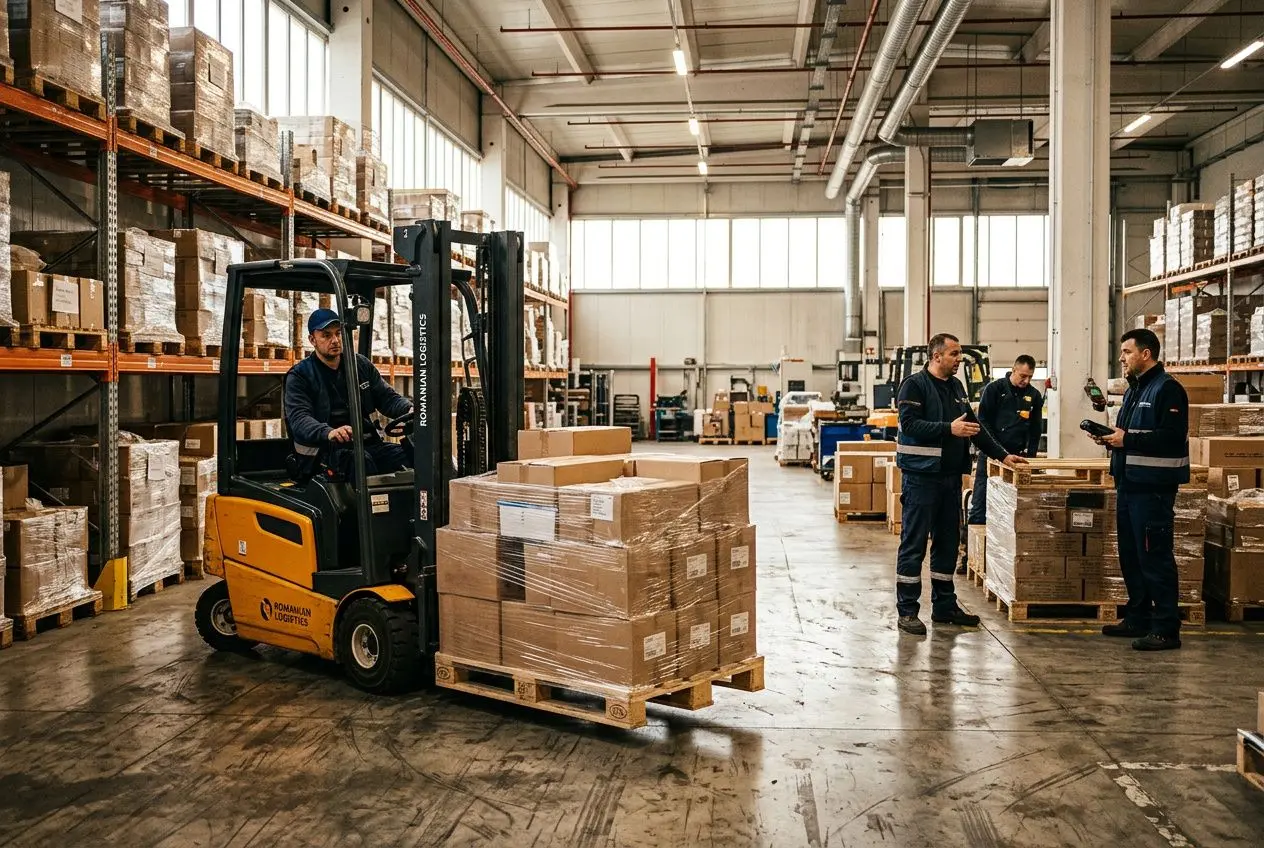 Chariot élévateur orange en action dans un entrepôt, palletisé de cartons, ouvriers discutant près des rayonnages industriels. interim logistique transport roumanie