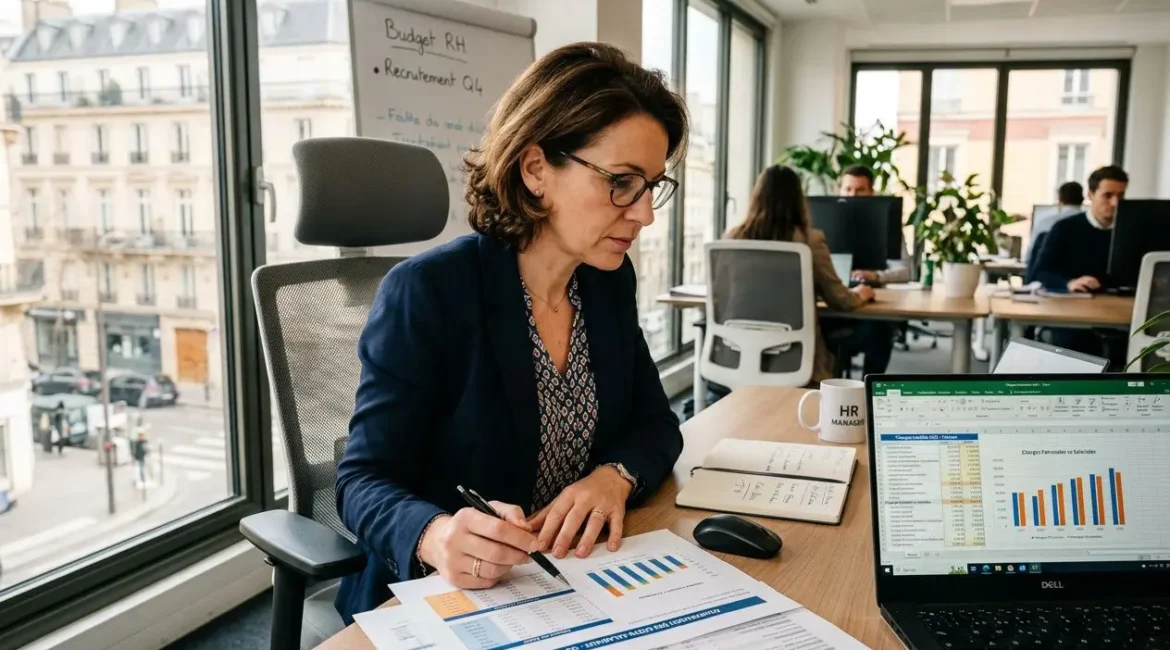 Consultante travaillant sur des documents et graphiques financiers sur un bureau, avec ordinateur et tableau blanc en arrière-plan, dans un open space. Coûts et tarifs d'un intérimaire roumain évoqués par les graphiques.