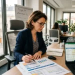 Consultante travaillant sur des documents et graphiques financiers sur un bureau, avec ordinateur et tableau blanc en arrière-plan, dans un open space. Coûts et tarifs d'un intérimaire roumain évoqués par les graphiques.