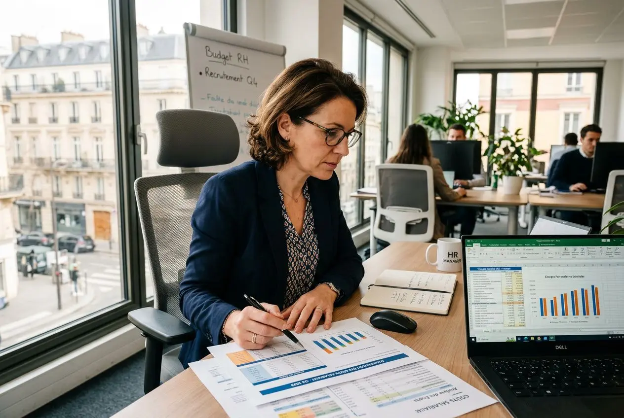 Consultante travaillant sur des documents et graphiques financiers sur un bureau, avec ordinateur et tableau blanc en arrière-plan, dans un open space. Coûts et tarifs d'un intérimaire roumain évoqués par les graphiques.