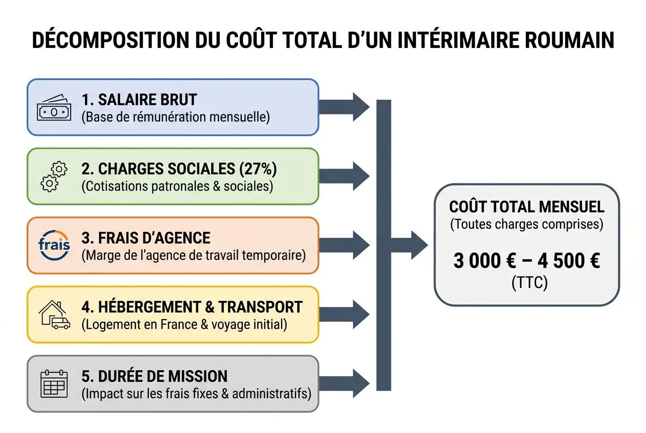 Décomposition du coût total d'un intérimaire roumain : salaire brut, charges sociales, frais d'agence, hébergement et transport, durée de mission et coût total mensuel estimé. coÛt total mensuel 3 000 € – 4 500 € (TTC).