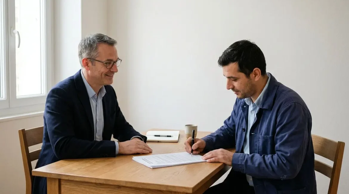 Deux hommes assis à une table signent un document, l’un souriant, l’autre concentré, dans une ambiance professionnelle. Travailler en France depuis la Roumanie évoqué par l’image.