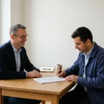Deux hommes assis à une table signent un document, l’un souriant, l’autre concentré, dans une ambiance professionnelle. Travailler en France depuis la Roumanie évoqué par l’image.