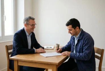 Deux hommes assis à une table signent un document, l’un souriant, l’autre concentré, dans une ambiance professionnelle. Travailler en France depuis la Roumanie évoqué par l’image.