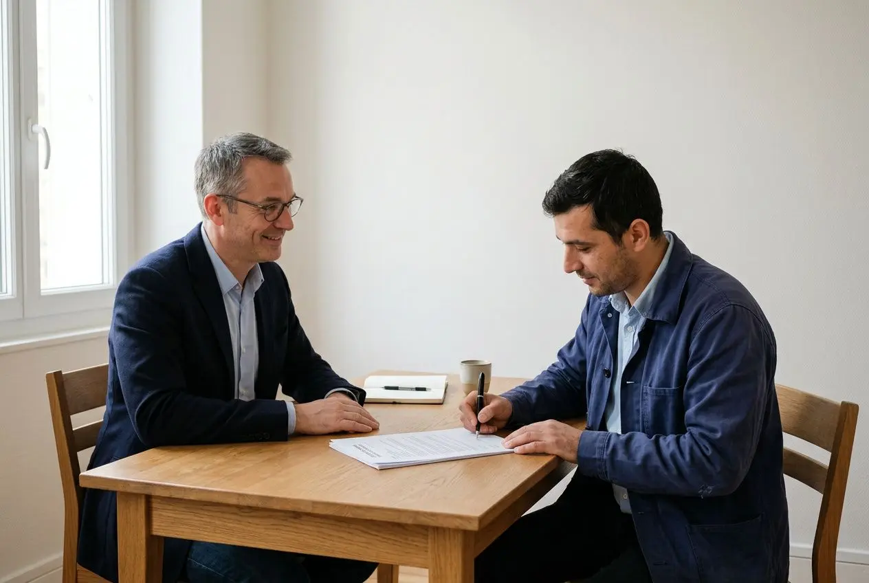 Deux hommes assis à une table signent un document, l’un souriant, l’autre concentré, dans une ambiance professionnelle. Travailler en France depuis la Roumanie évoqué par l’image.