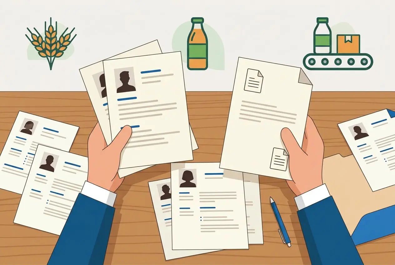Deux mains triant des CV et des documents sur une table, entourés de pictogrammes lié à l’agroalimentaire. Alt: Intermédiaire de sélection de candidats pour l’intérim agroalimentaire Roumanie.