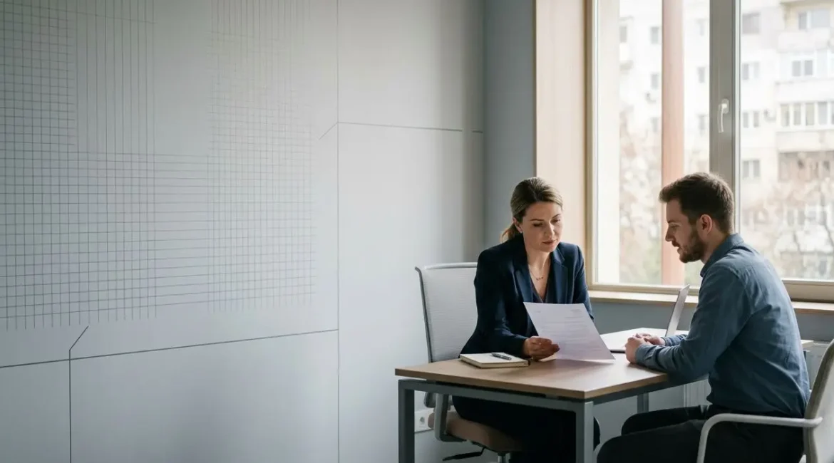 Deux professionnels en entretien dans un bureau, tableau et documents sur la table, ambiance professionnelle. Intègre naturellement le mot-clé: comment recruter en roumanie.