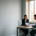 Deux professionnels en entretien dans un bureau, tableau et documents sur la table, ambiance professionnelle. Intègre naturellement le mot-clé: comment recruter en roumanie.