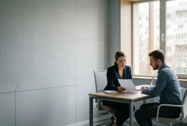 Deux professionnels en entretien dans un bureau, tableau et documents sur la table, ambiance professionnelle. Intègre naturellement le mot-clé: comment recruter en roumanie.