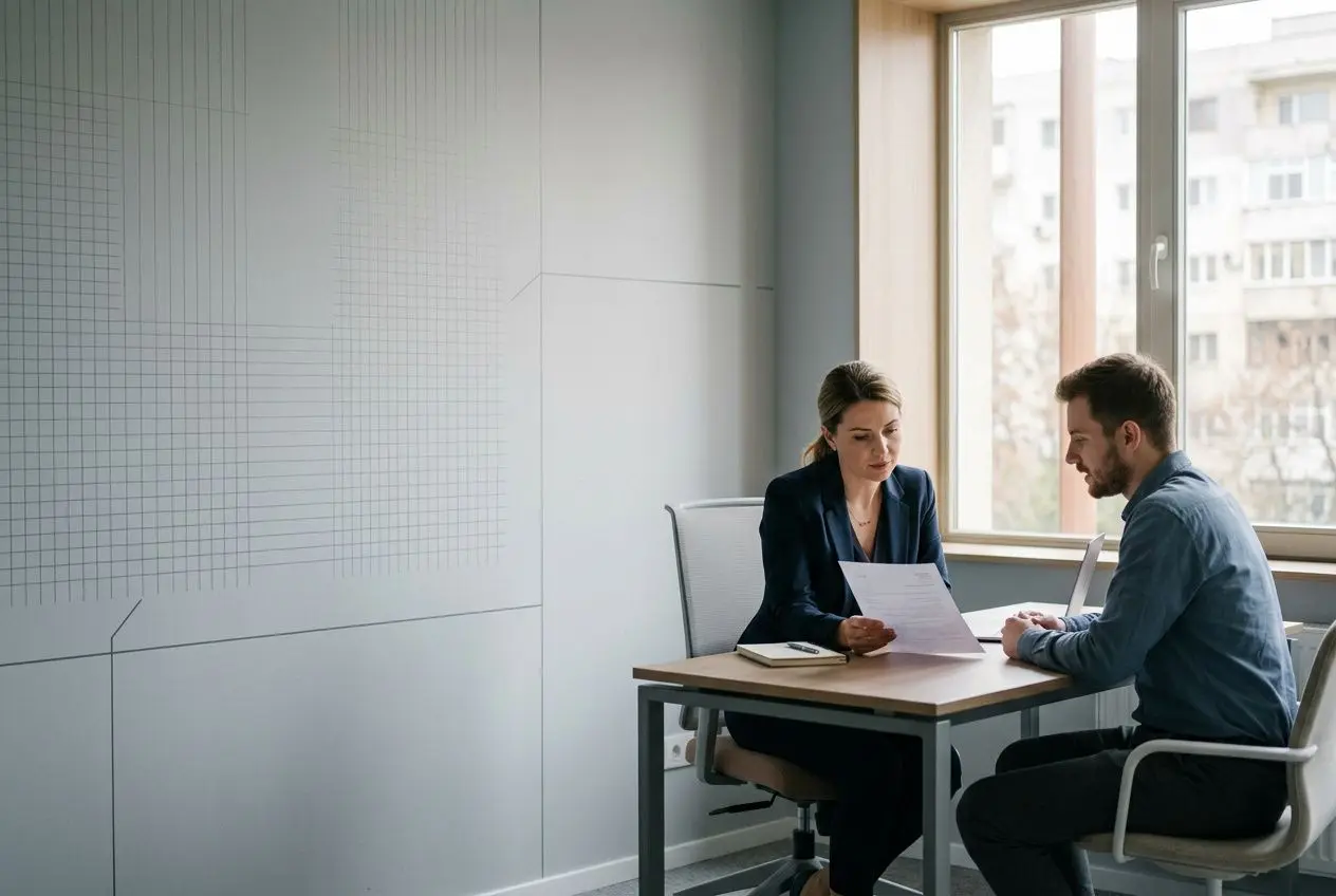 Deux professionnels en entretien dans un bureau, tableau et documents sur la table, ambiance professionnelle. Intègre naturellement le mot-clé: comment recruter en roumanie.